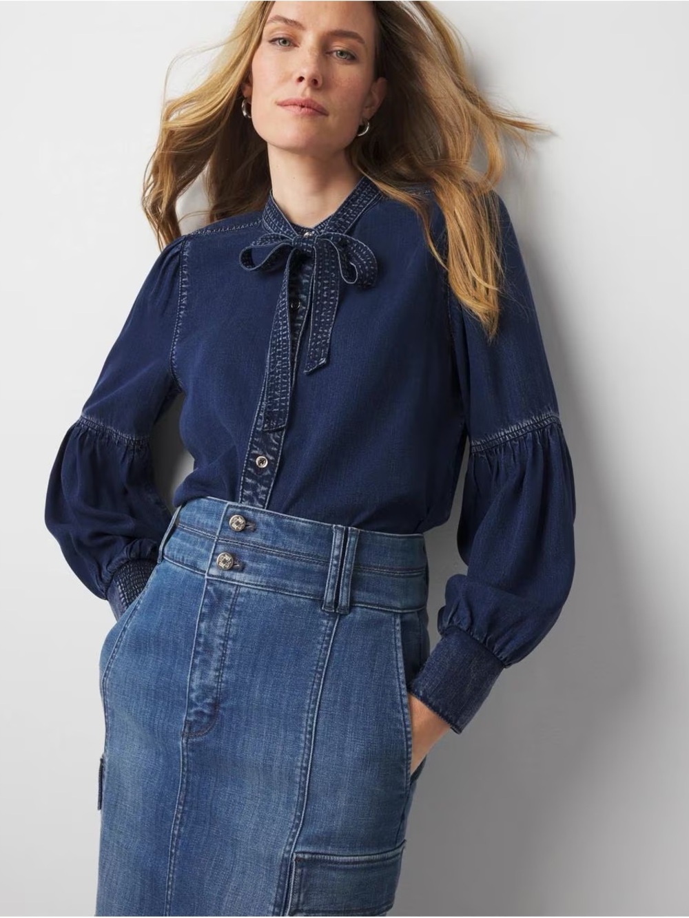 White House Black Market Tie-Neck Denim Shirt